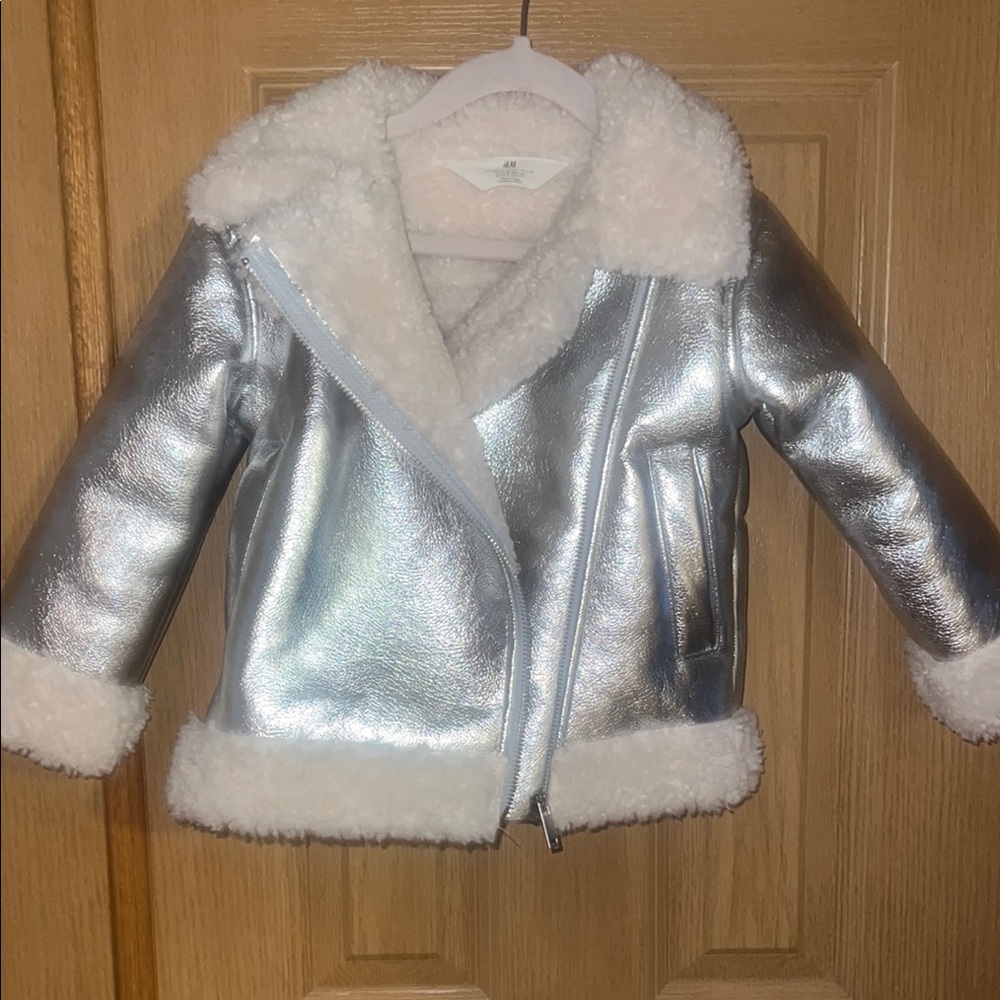 H&M Metallic Silver Faux Shearling Puffer Jacket